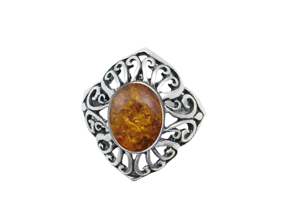 Sterling Silver Filigree Ring With Amber Size 6